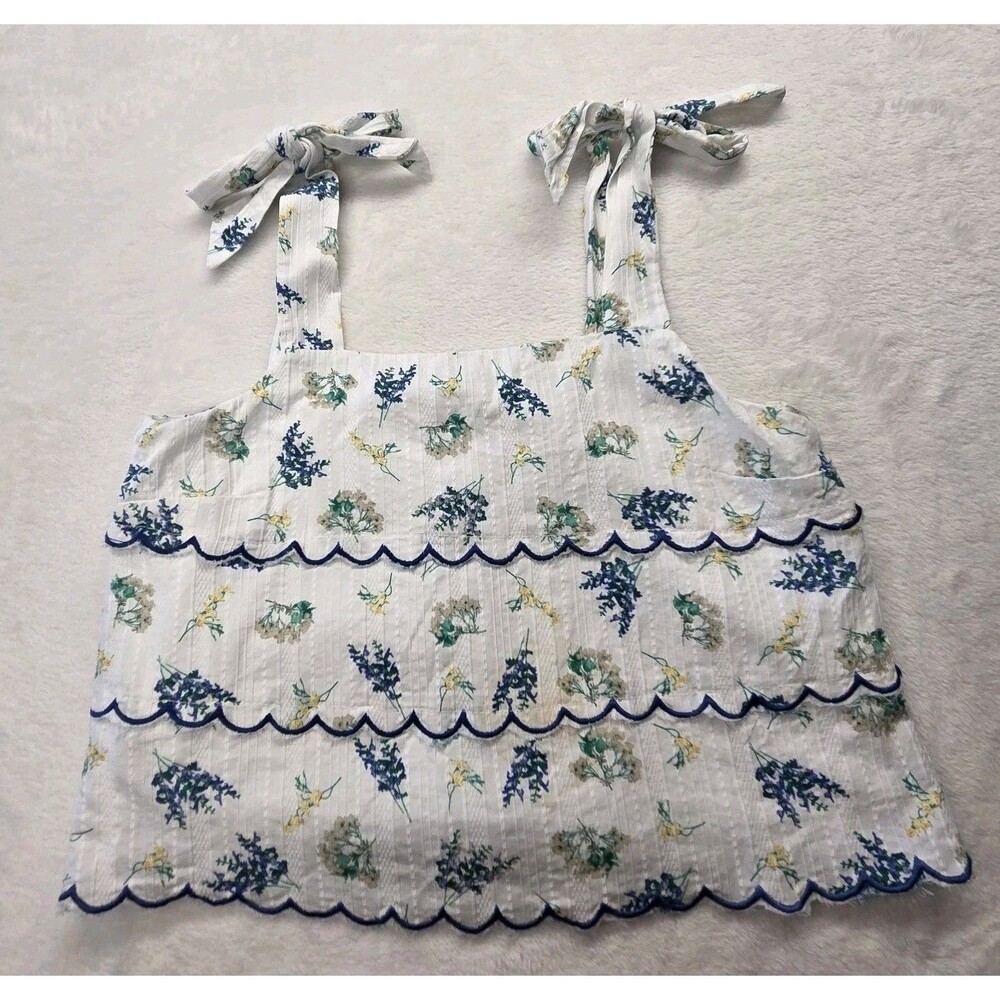 Copper Key Floral Tie Shoulder Scalloped Crop Top White Blue XS